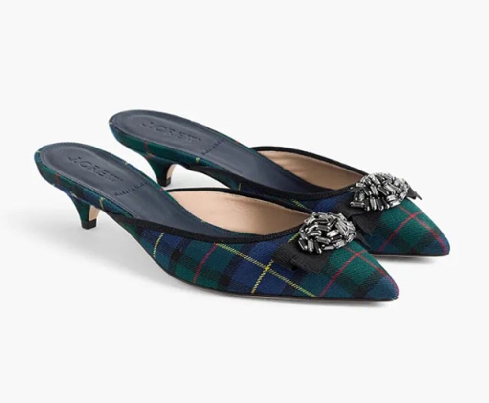 J. Crew Plaid Slip On Pointed Toe Kitten Heel Mules Green Blue Made in Italy 8